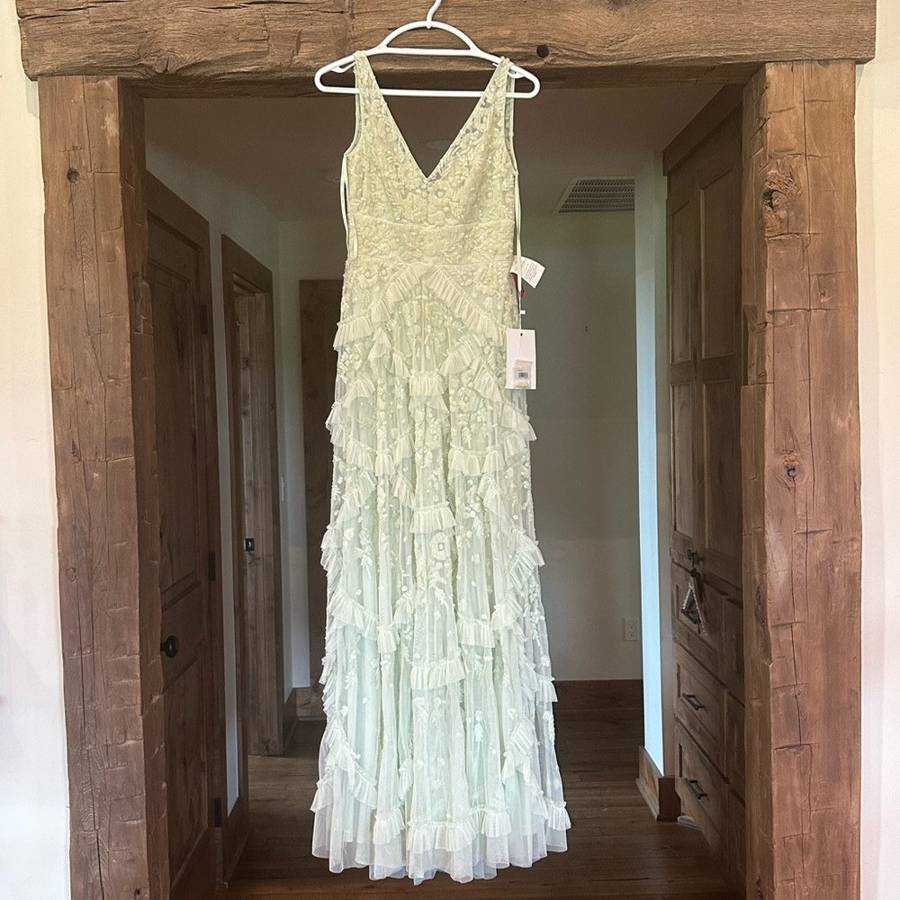 Mac Duggal Light Green Lace Ruffle Gown